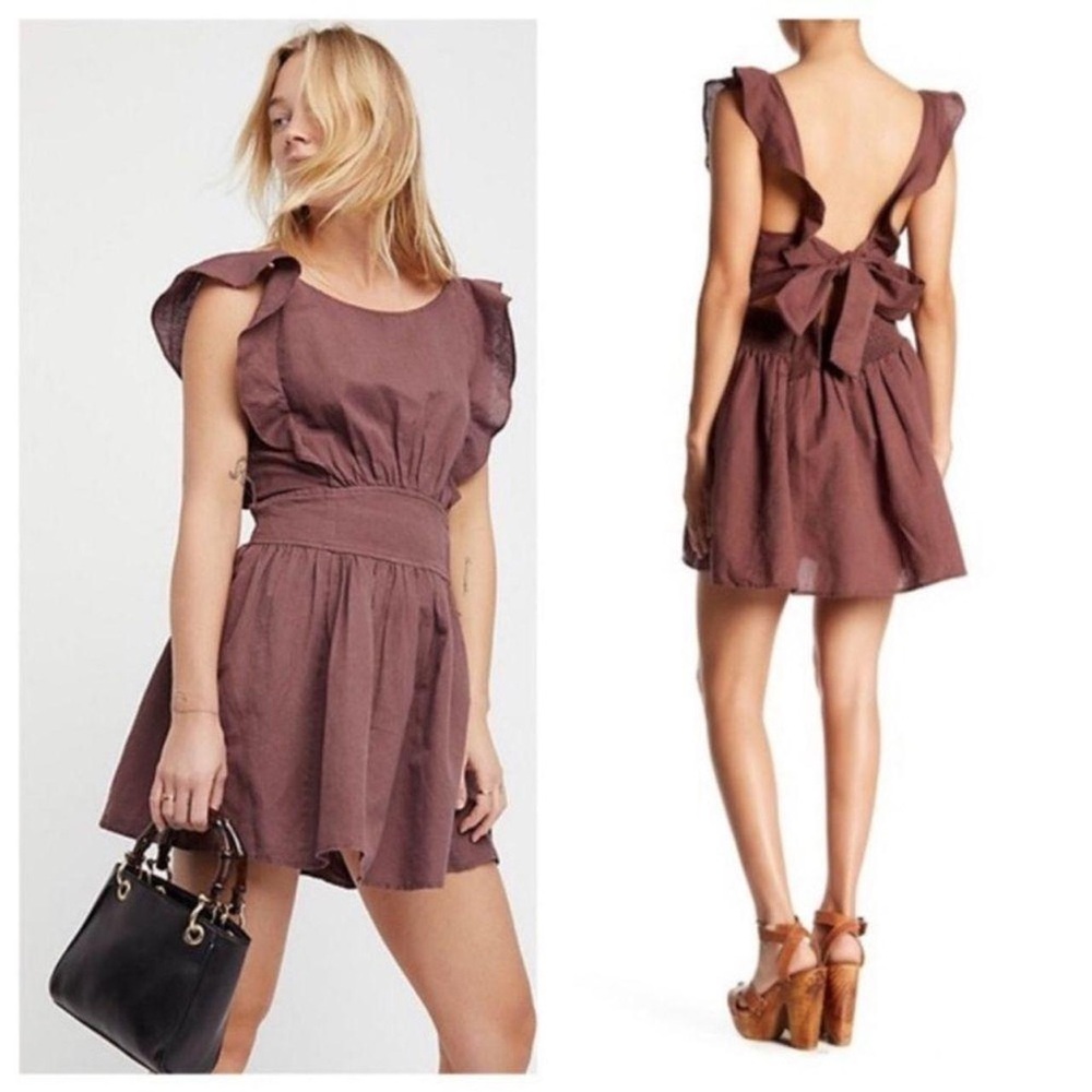 Free People Erin Ruffle Mini Skater Linen-Blend Dress in Brown - Size XS